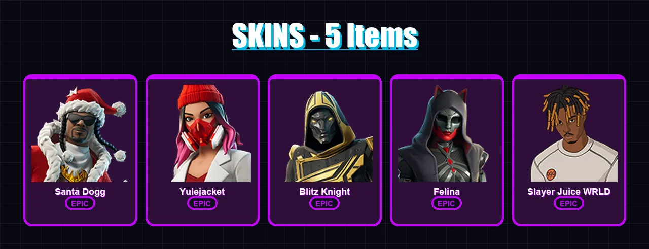 [PC/XBOX] | Santa Dogg | Yulejacket | Blitz Knight | Felina | Slayer Juice WRLD | 5 skin | 28 pickaxe | 10 emote | 13 glider | Lv184
