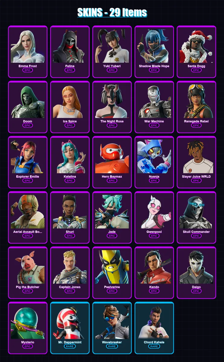 [PC/PSN] | Emma Frost | Felina | Yuki Yubari | Shadow Blade Hope | Santa Dogg | 29 skin | 46 pickaxe | 30 emote | 36 glider | Lv400 — Fortnite account