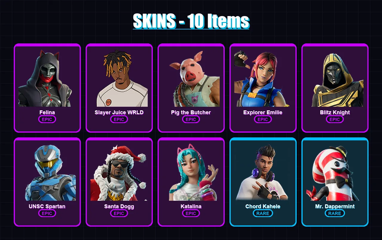 [PC/XBOX/PSN] | Felina | Slayer Juice WRLD | Pig the Butcher | Explorer Emilie | Blitz Knight | 10 skin | 52 pickaxe | 21 emote | 32 glider | Lv626
