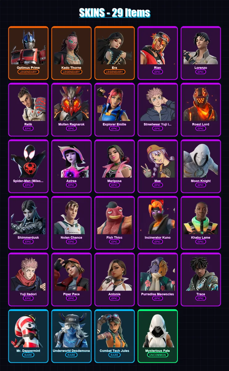 [PC/XBOX/PSN] | Optimus Prime | Kado Thorne | Era | Rian | Lorenzo | 29 skin | 46 pickaxe | 30 emote | 38 glider | Lv790