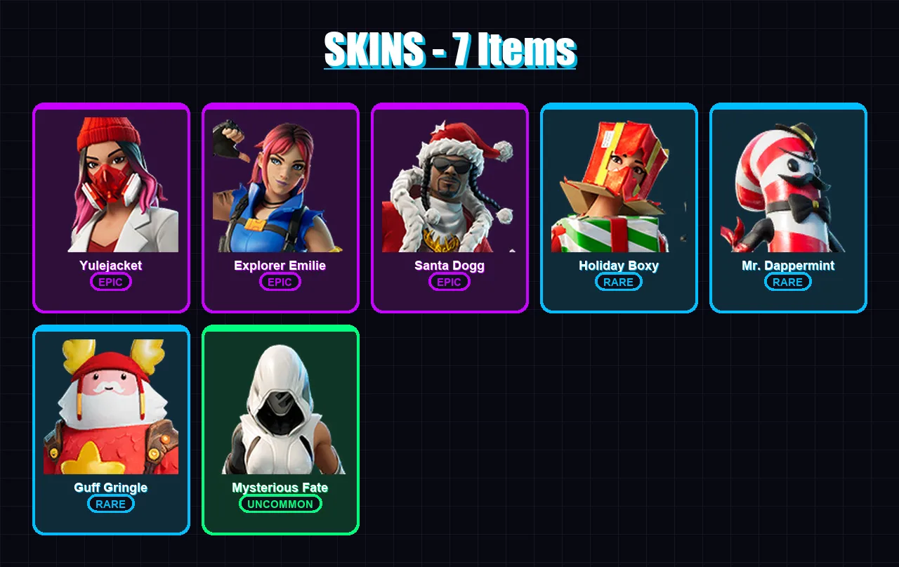 [PC/XBOX/PSN] | Yulejacket | Explorer Emilie | Santa Dogg | Holiday Boxy | Mr. Dappermint | 7 skin | 32 pickaxe | 13 emote | 29 glider | Lv427