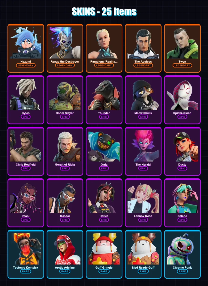 [PC/XBOX] | Nezumi | Renzo the Destroyer | Paradigm (Reality-659) | The Ageless | Twyn | 25 skin | 42 pickaxe | 29 emote | 41 glider | Lv807
