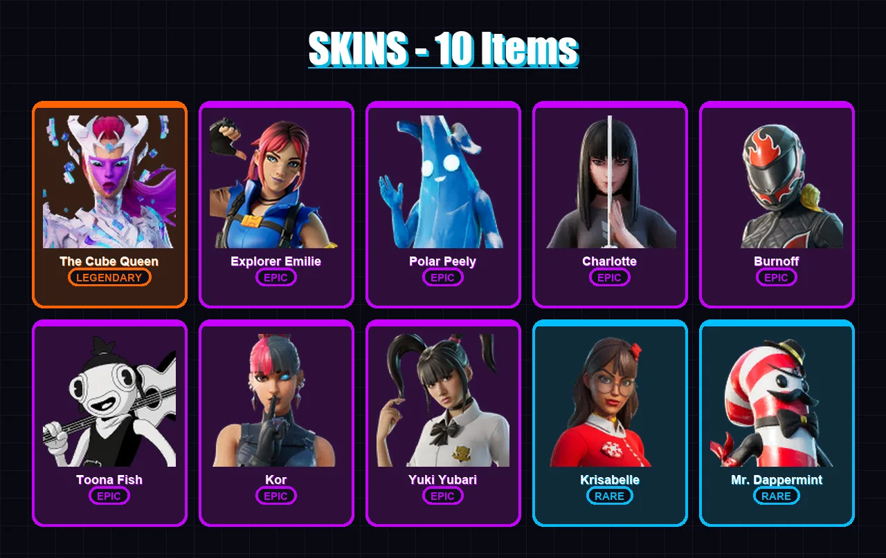 [PC/PSN] | The Cube Queen | Explorer Emilie | Polar Peely | Charlotte | Burnoff | 10 skin | 19 pickaxe | 7 emote | 12 glider | Lv148