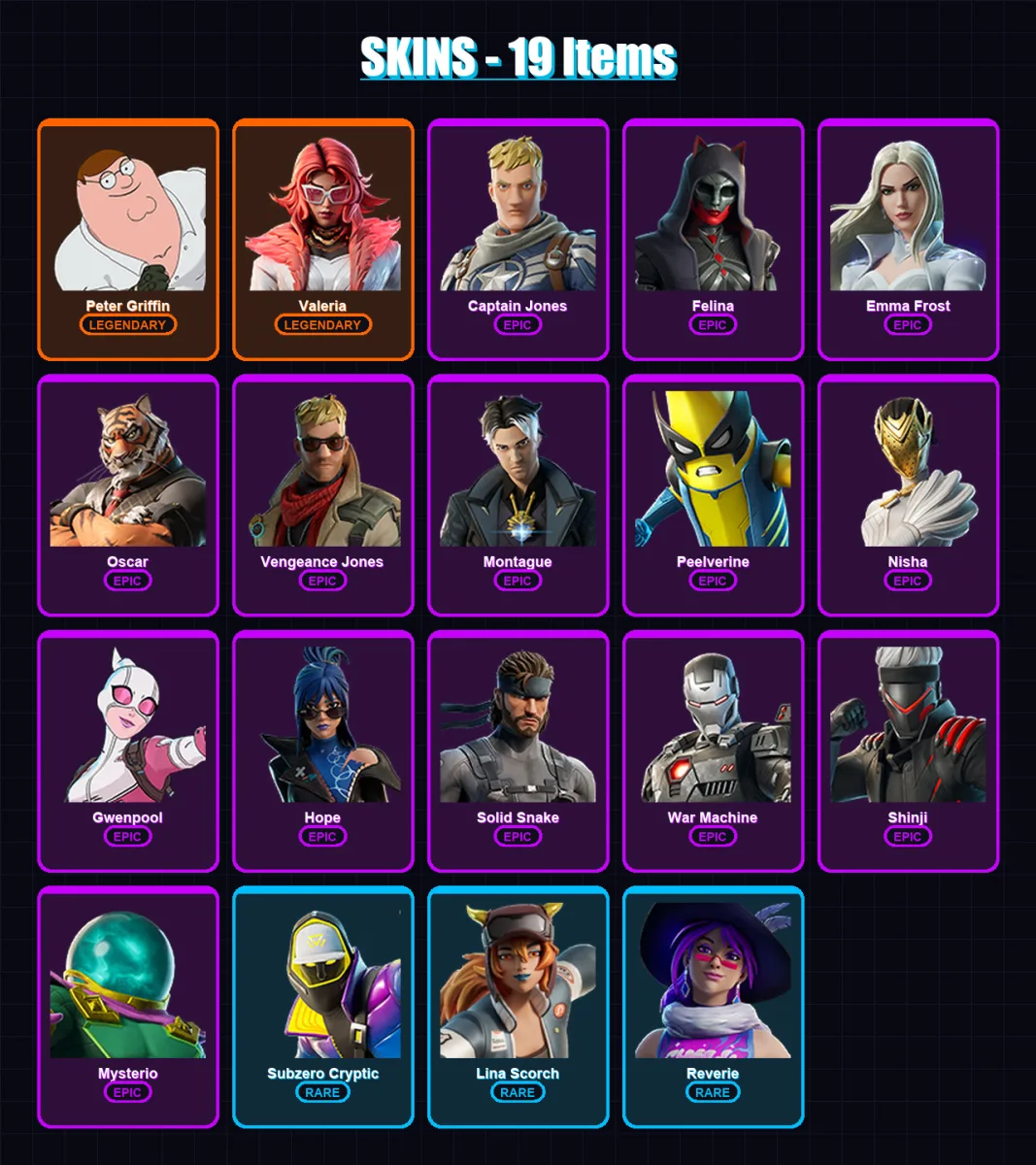 [PS4/PS5/XBOX/PC] | Peter Griffin | Valeria | Captain Jones | Felina | Emma Frost | 19 skin | 41 pickaxe | 33 emote | 32 glider | Lv444