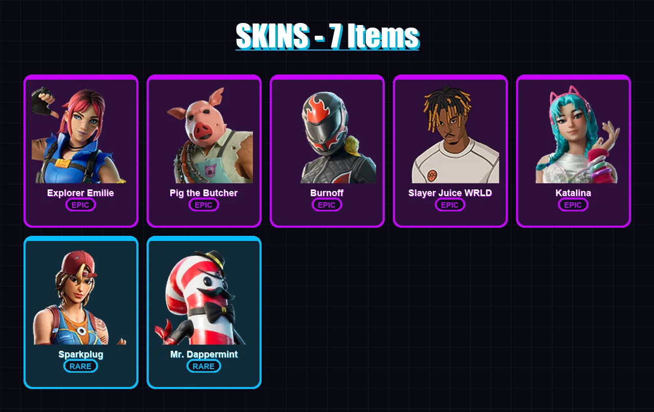 [PC/XBOX/PSN] | Explorer Emilie | Pig the Butcher | Burnoff | Slayer Juice WRLD | Katalina | 7 skin | 28 pickaxe | 12 emote | 15 glider | Lv190