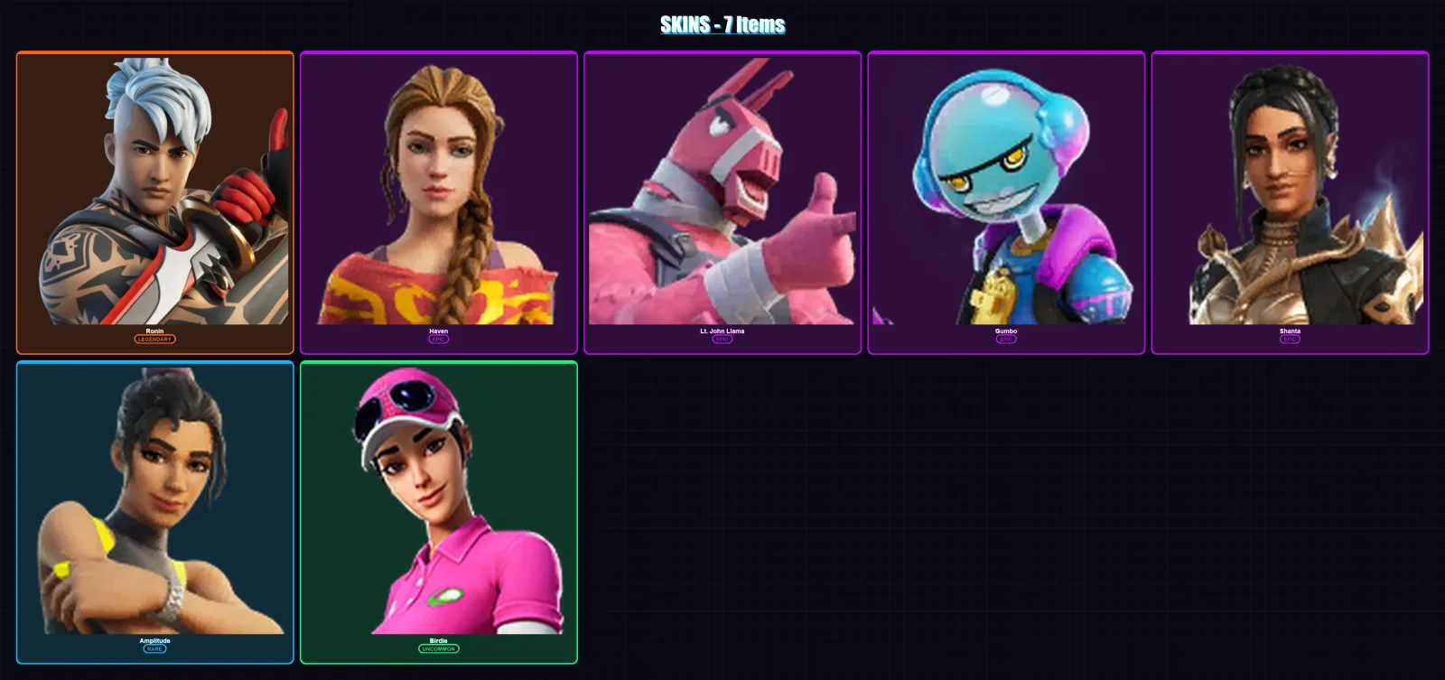 [PC/XBOX/PSN] | Ronin | Haven | Lt. John Llama | Gumbo | Shanta | 7 skin | 7 pickaxe | 8 emote | 6 glider | Lv65