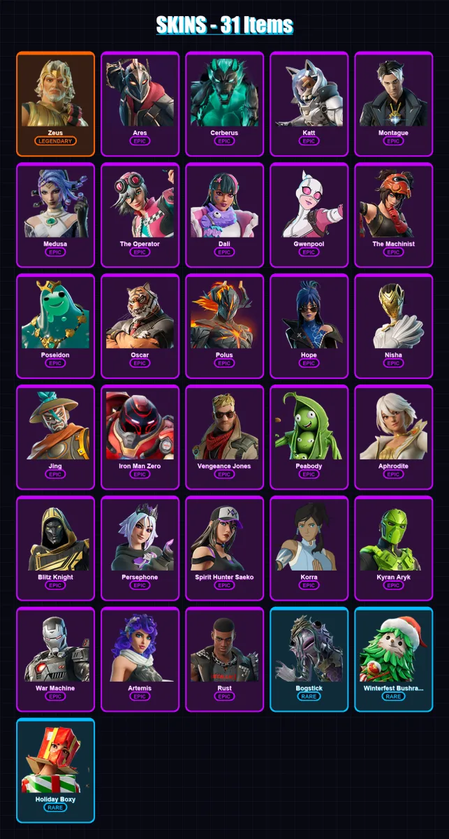 [PC/PSN] | Zeus | Ares | Cerberus | Katt | Montague | 31 skin | 45 pickaxe | 23 emote | 31 glider | Lv323