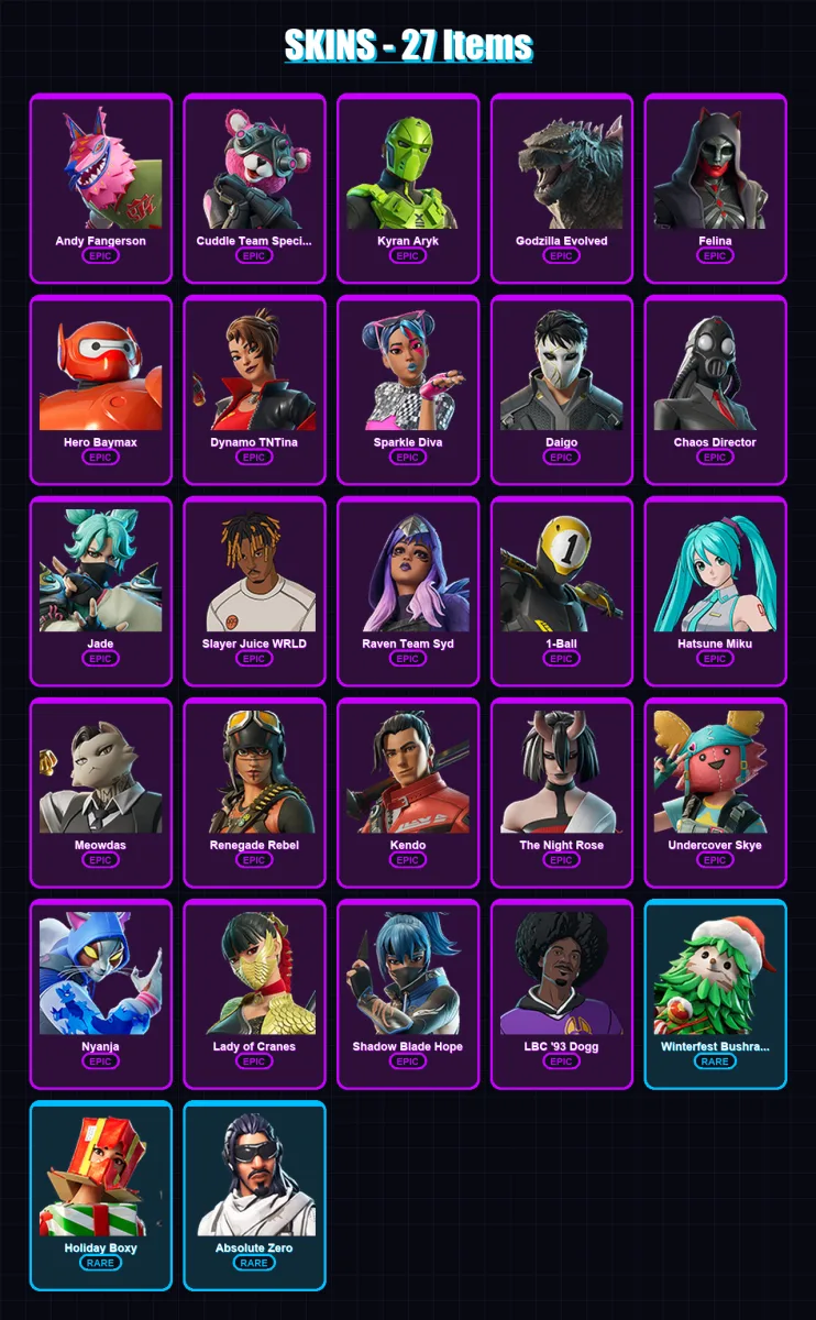 [PC/PSN] | Andy Fangerson | Cuddle Team Specialist | Kyran Aryk | Godzilla Evolved | Felina | 27 skin | 42 pickaxe | 25 emote | 31 glider | Lv219