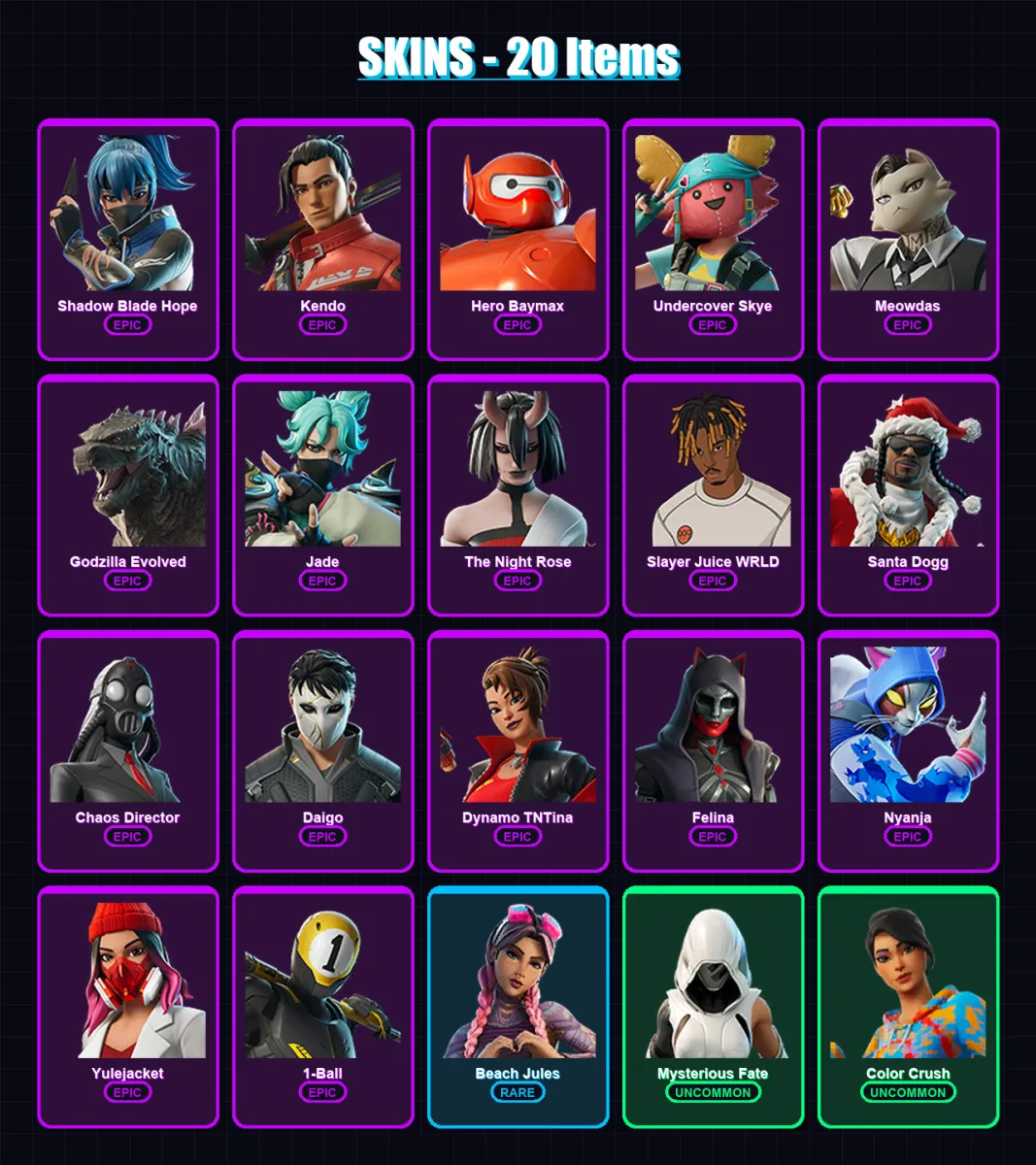 [PC/XBOX/PSN] | Shadow Blade Hope | Kendo | Hero Baymax | Undercover Skye | Meowdas | 20 skin | 75 pickaxe | 39 emote | 54 glider | Lv1446