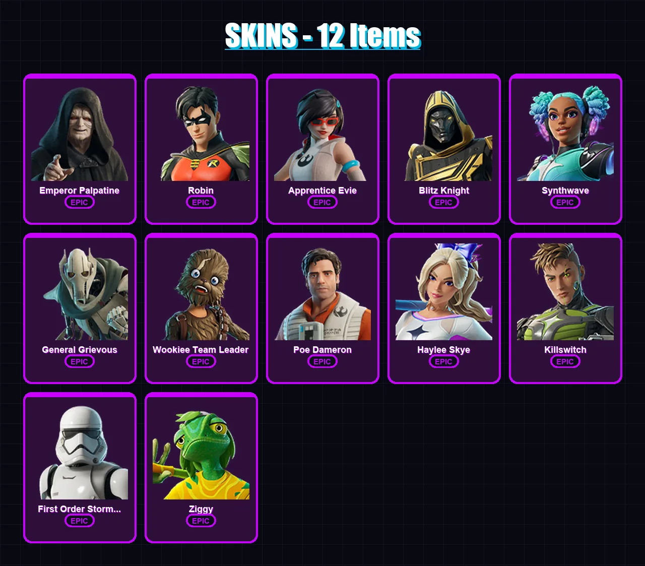 [PC/XBOX/PSN] | Emperor Palpatine | Robin | Apprentice Evie | Blitz Knight | Synthwave | 12 skin | 27 pickaxe | 14 emote | 21 glider | Lv172 — Fortnite account