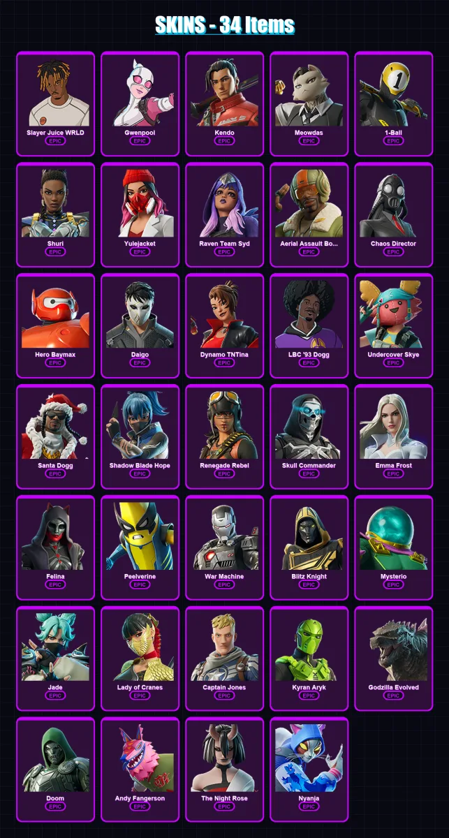 [PC/XBOX/PSN] | Slayer Juice WRLD | Gwenpool | Kendo | Meowdas | 1-Ball | 34 skin | 60 pickaxe | 41 emote | 40 glider | Lv445 — Fortnite account