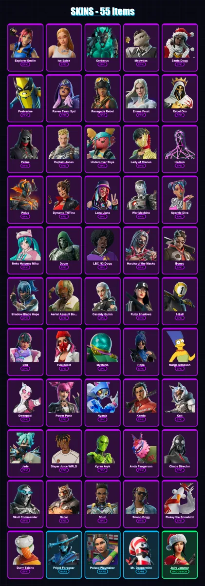 [PC/XBOX/PSN] | Explorer Emilie | Ice Spice | Cerberus | Meowdas | Santa Dogg | 55 skin | 71 pickaxe | 47 emote | 44 glider | Lv496