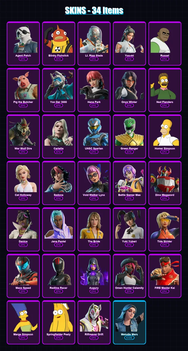 [PC/PSN] | Agent Patch | Blinky Fishstick | Lt. Ripp Slade | Yoo-mi | Russel | 34 skin | 45 pickaxe | 32 emote | 22 glider | Lv193