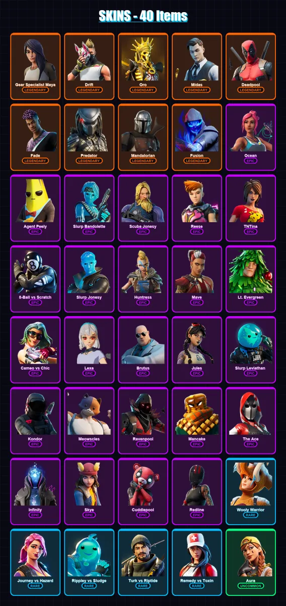 [PC/XBOX] | Gear Specialist Maya | Drift | Oro | Midas | Deadpool | 40 skin | 35 pickaxe | 39 emote | 40 glider | Lv653