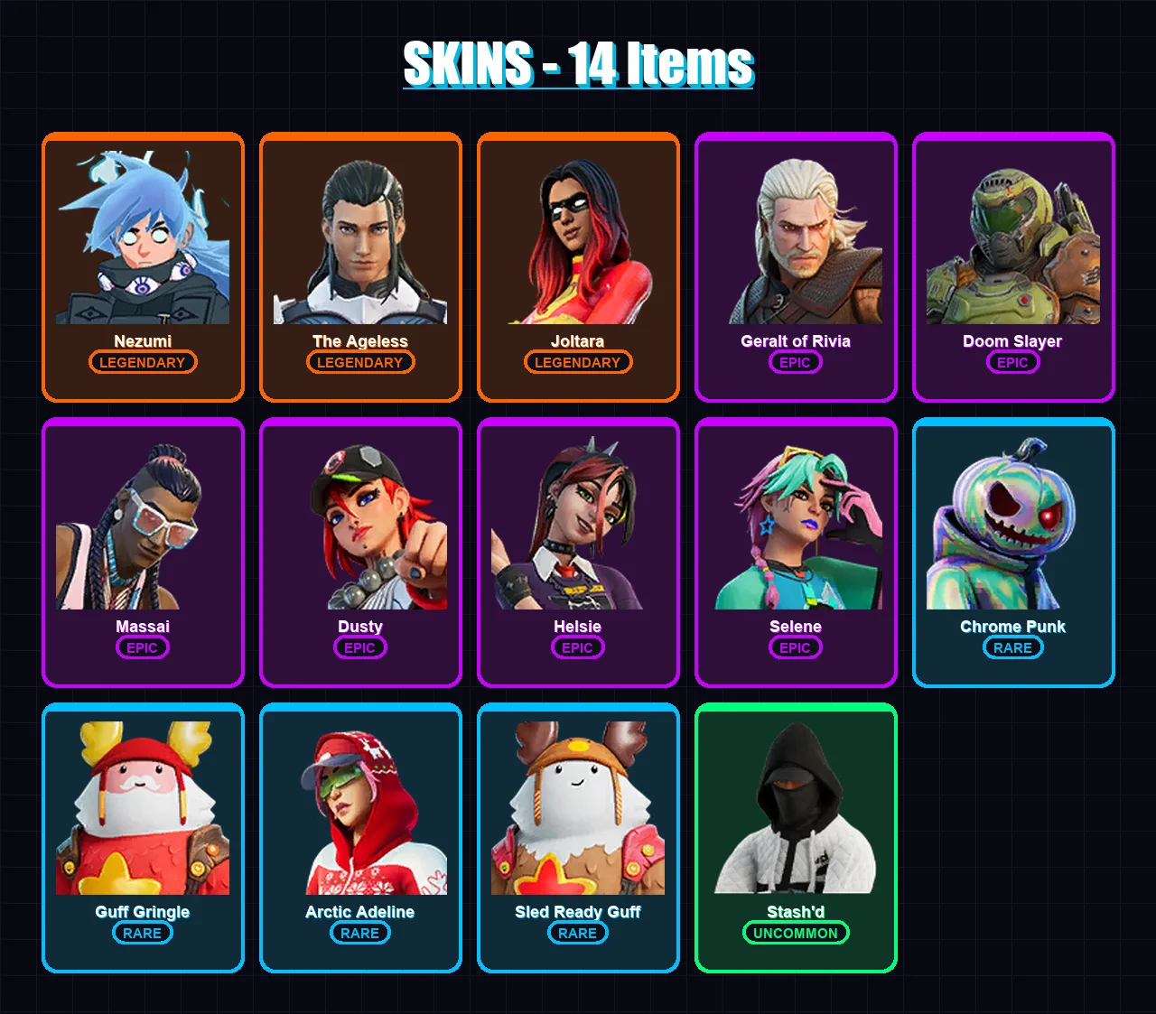 [PC] | Nezumi | The Ageless | Joltara | Geralt of Rivia | Doom Slayer | 14 skin | 23 pickaxe | 20 emote | 22 glider | Lv358 — Fortnite account