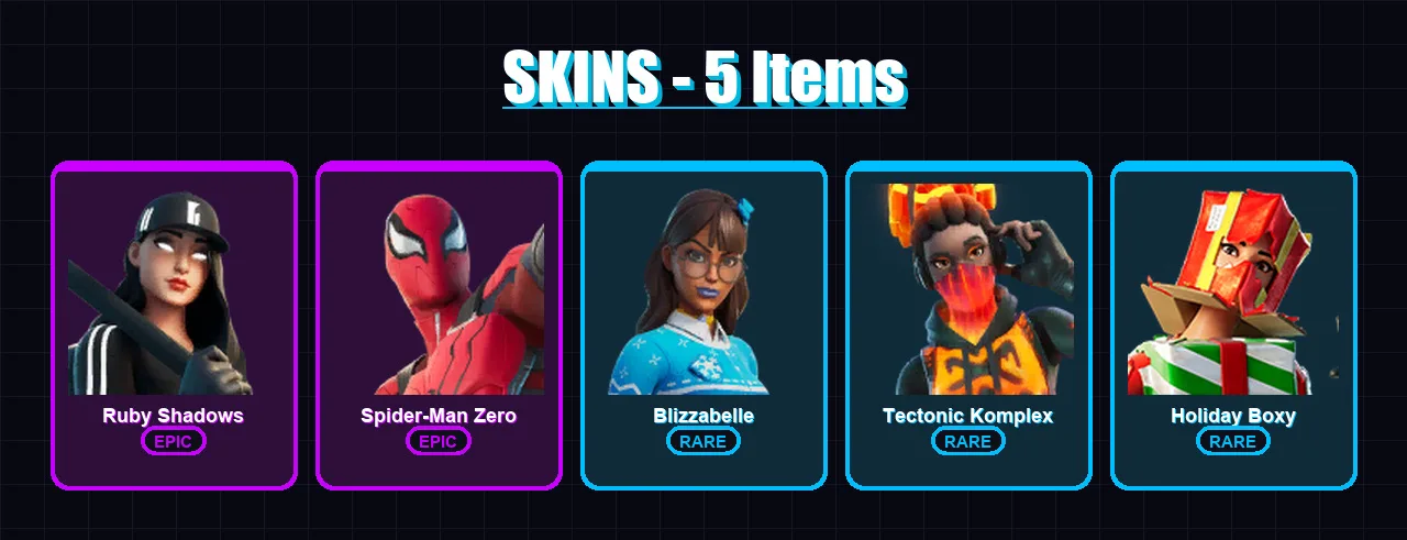 [PC/XBOX/PSN] | Ruby Shadows | Spider-Man Zero | Blizzabelle | Tectonic Komplex | Holiday Boxy | 5 skin | 15 pickaxe | 11 emote | 15 glider | Lv160