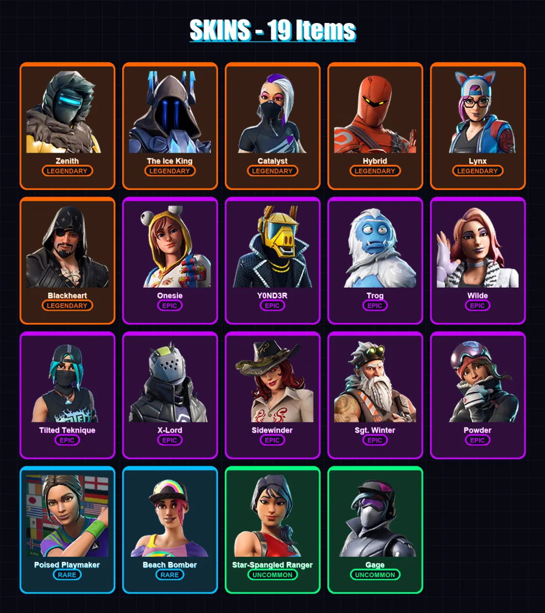 [PC/XBOX/PSN] | Zenith | The Ice King | Catalyst | Hybrid | Lynx | 19 skin | 13 pickaxe | 25 emote | 16 glider | Lv186