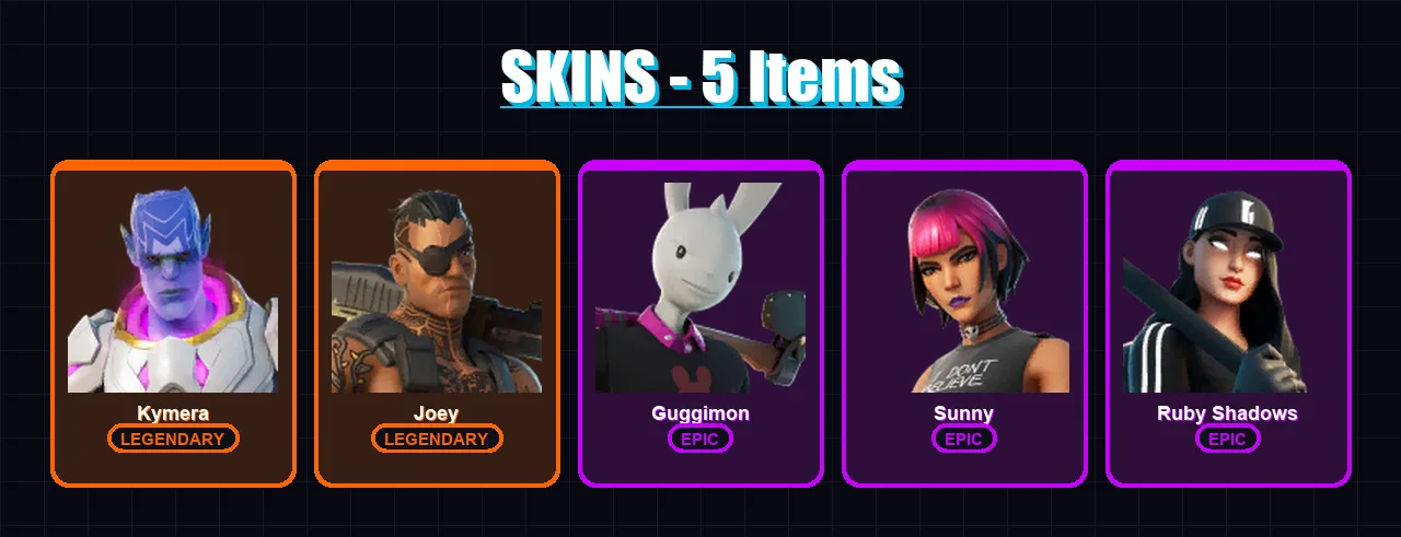 [PC/XBOX] | Kymera | Joey | Guggimon | Sunny | Ruby Shadows | 5 skin | 12 pickaxe | 16 emote | 17 glider | Lv253