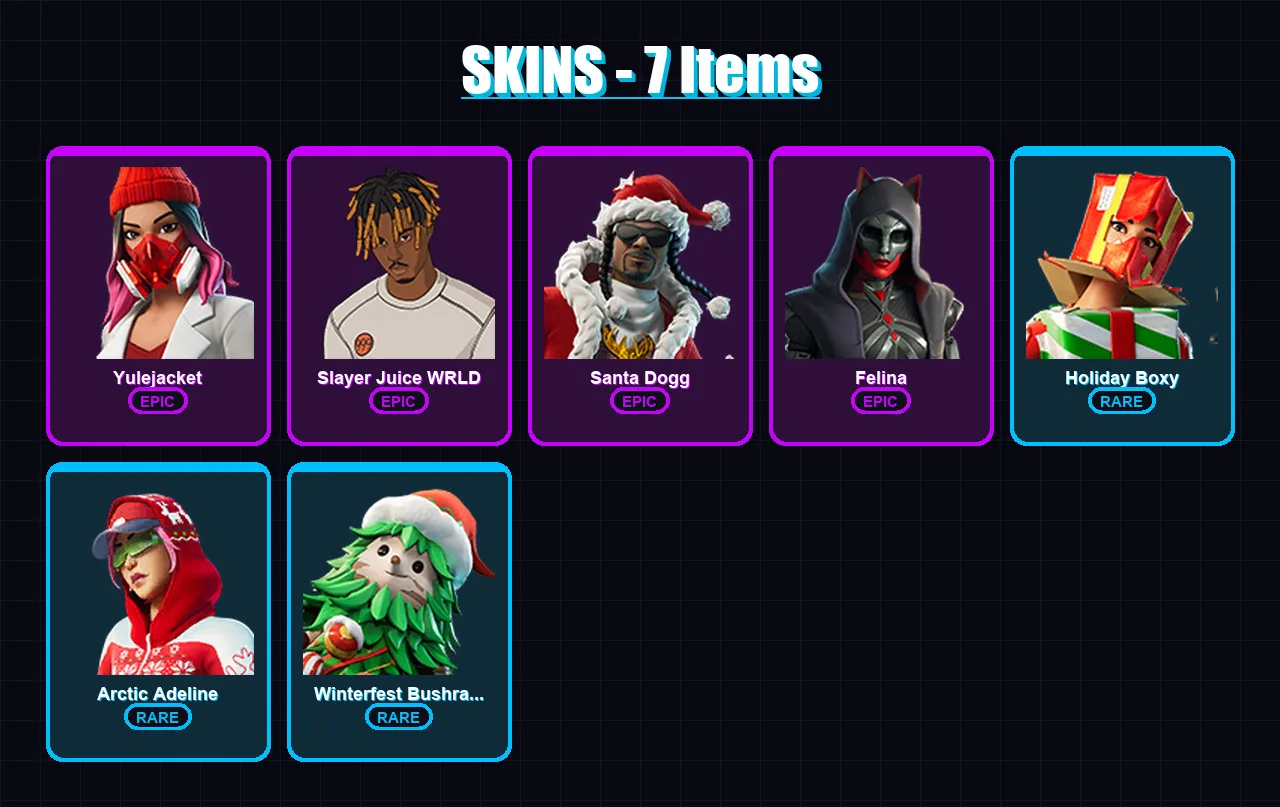[PC/PSN] | Yulejacket | Slayer Juice WRLD | Santa Dogg | Felina | Holiday Boxy | 7 skin | 31 pickaxe | 14 emote | 22 glider | Lv275