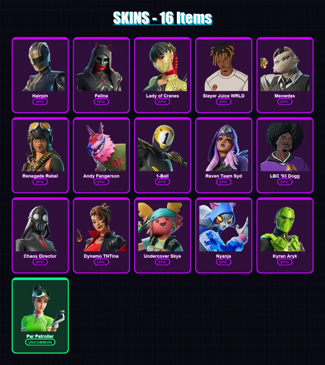 [PC/XBOX/PSN] | Hairpin | Felina | Lady of Cranes | Slayer Juice WRLD | Meowdas | 16 skin | 56 pickaxe | 25 emote | 32 glider | Lv525 — Fortnite account
