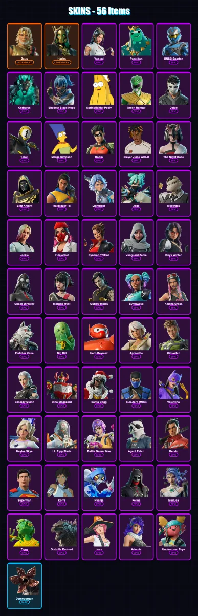 [PC/XBOX/PSN] | Zeus | Hades | Yoo-mi | Poseidon | UNSC Spartan | 56 skin | 101 pickaxe | 59 emote | 70 glider | Lv1052 — Fortnite account