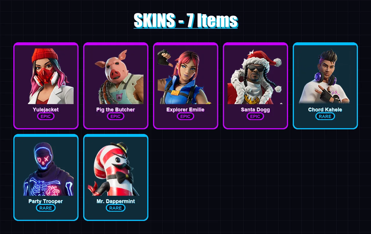 [PC/XBOX/PSN] | Yulejacket | Pig the Butcher | Explorer Emilie | Santa Dogg | Chord Kahele | 7 skin | 19 pickaxe | 5 emote | 10 glider | Lv77