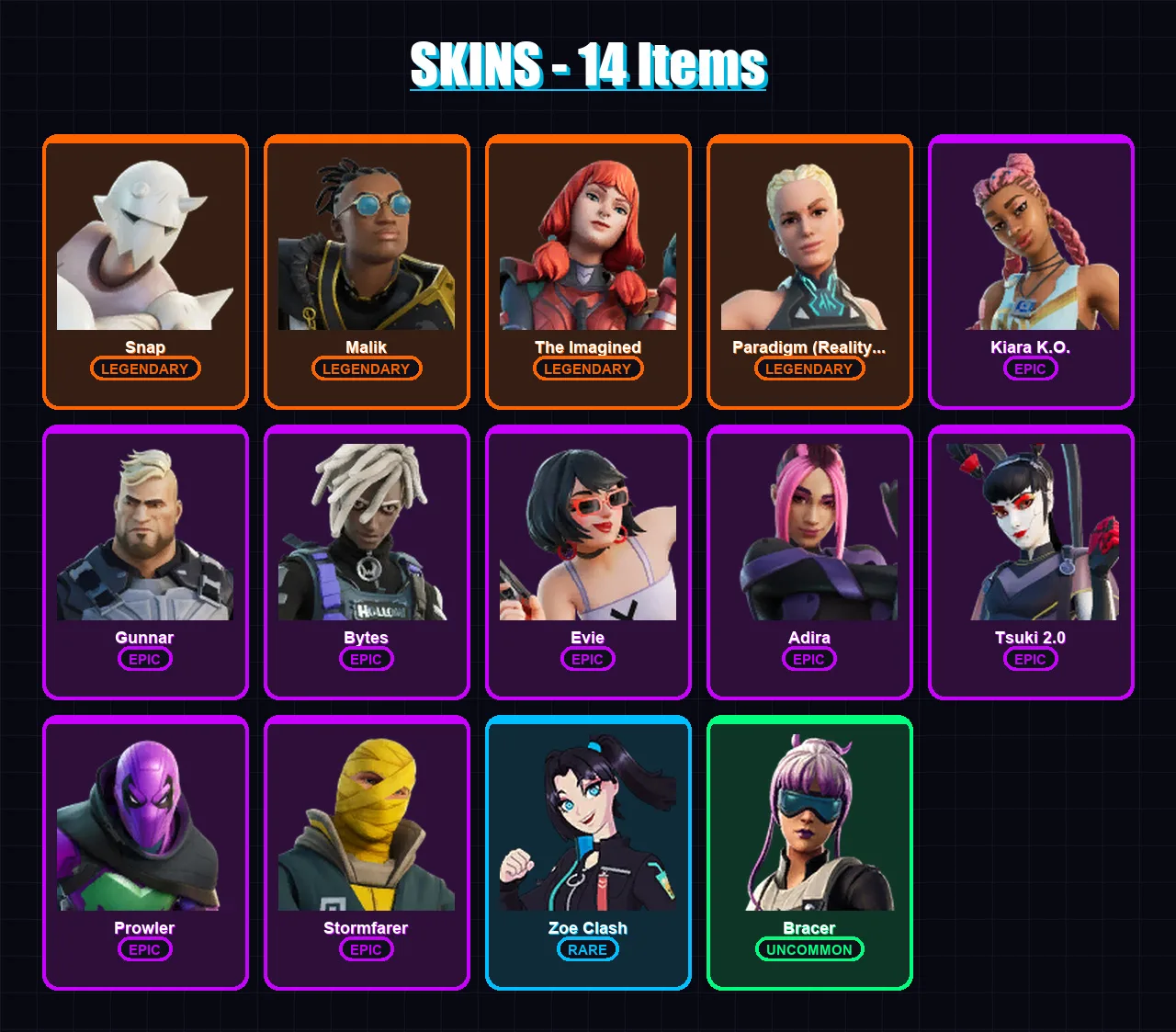 [PC/XBOX/PSN] | Snap | Malik | The Imagined | Paradigm (Reality-659) | Kiara K.O. | 14 skin | 21 pickaxe | 11 emote | 24 glider | Lv383
