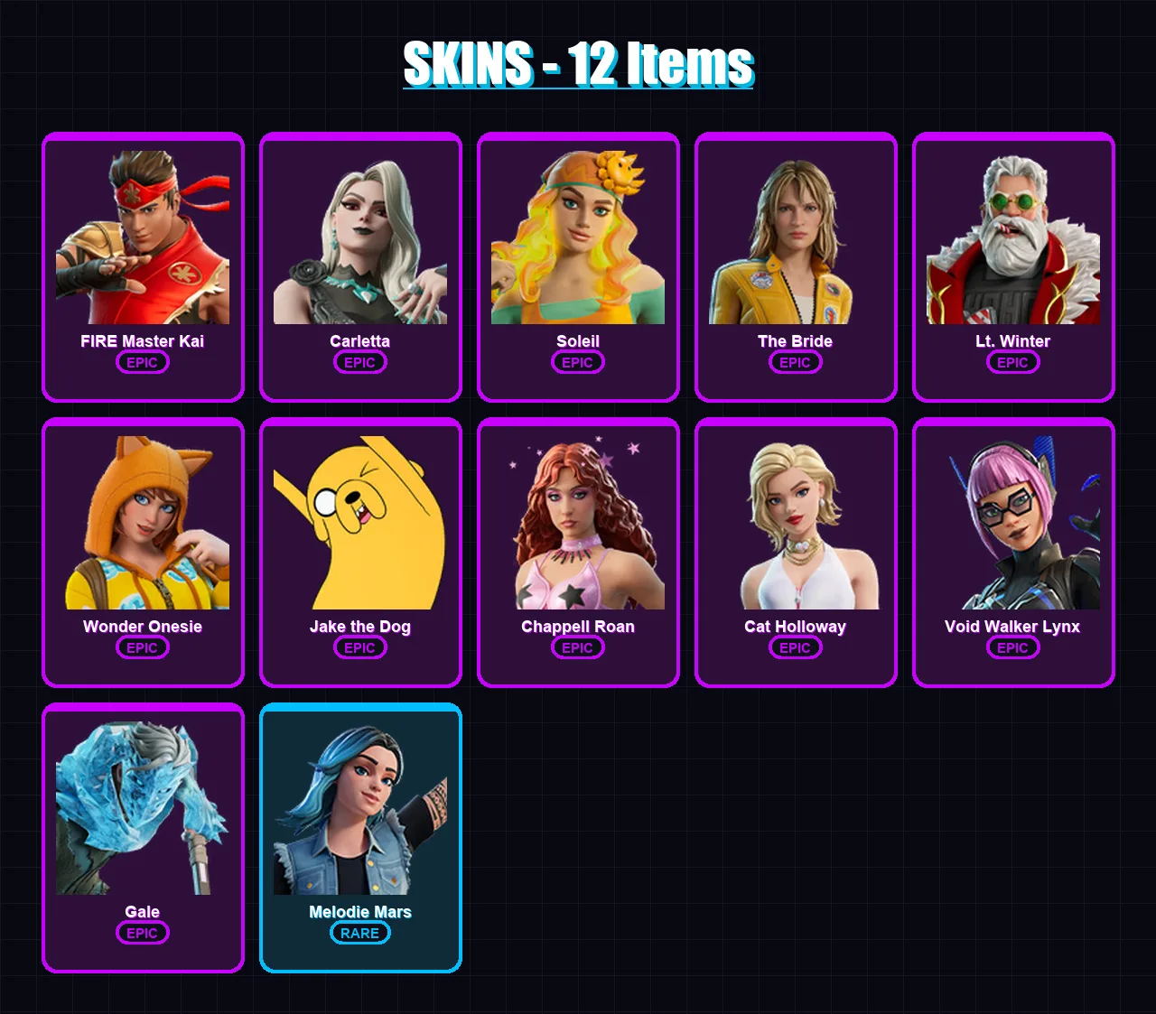 [PC/XBOX/PSN] | FIRE Master Kai | Carletta | Soleil | The Bride | Lt. Winter | 12 skin | 14 pickaxe | 10 emote | 9 glider | Lv28