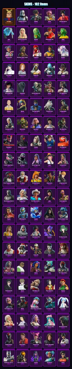 [PS4/PS5/XBOX/PC] | All Might | Captain Phasma | Kwame | Sonia | Carmine Rosso | 102 skin | 107 pickaxe | 83 emote | 58 glider | Lv646