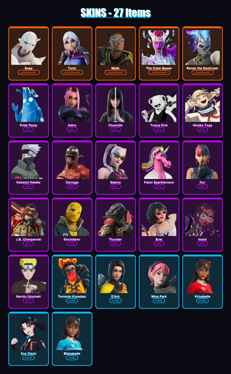 [PC/PSN] | Snap | Torin | Malik | The Cube Queen | Renzo the Destroyer | 27 skin | 55 pickaxe | 34 emote | 40 glider | Lv639