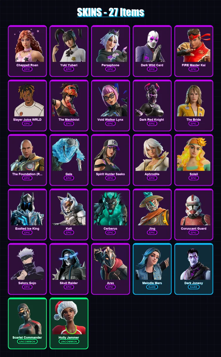[PC/PSN] | Chappell Roan | Yuki Yubari | Persephone | Dark Wild Card | FIRE Master Kai | 27 skin | 30 pickaxe | 14 emote | 15 glider | Lv248