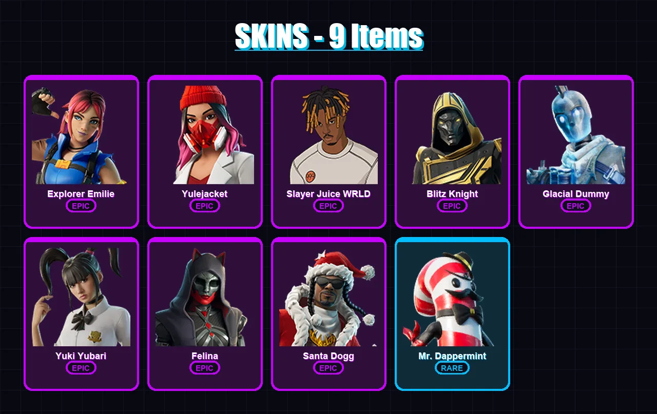 [PS4/PS5/XBOX/PC] | Explorer Emilie | Yulejacket | Slayer Juice WRLD | 9 skin | Lv589
