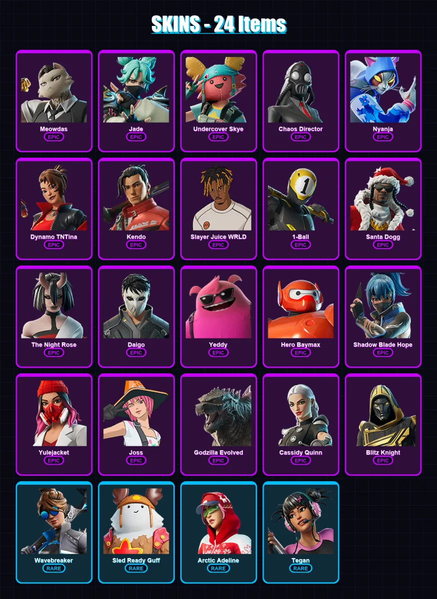 [PC/XBOX/PSN] | Meowdas | Jade | Undercover Skye | Chaos Director | Nyanja | 24 skin | 44 pickaxe | 22 emote | 33 glider | Lv331