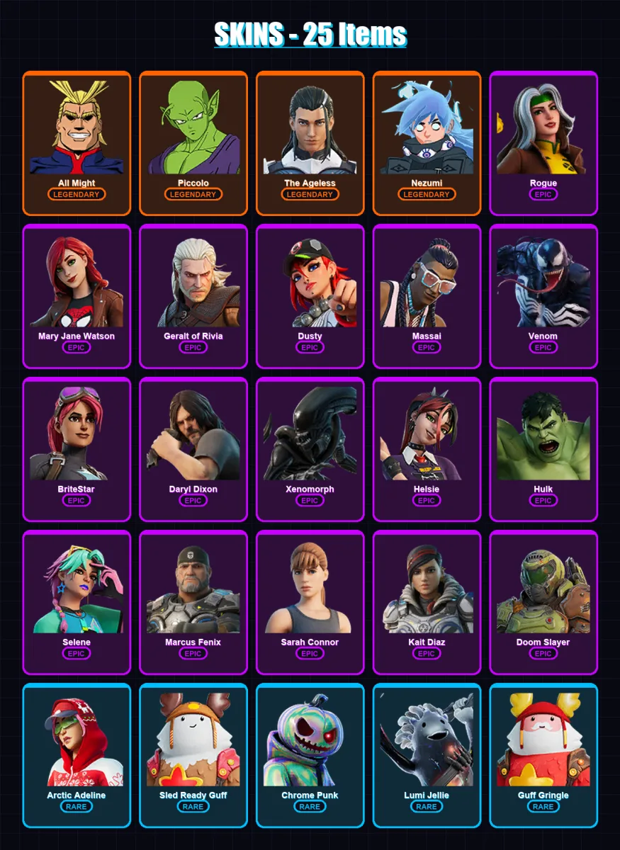 [PC/XBOX/PSN] | All Might | Piccolo | The Ageless | Nezumi | Rogue | 25 skin | 27 pickaxe | 24 emote | 24 glider | Lv397 — Fortnite account