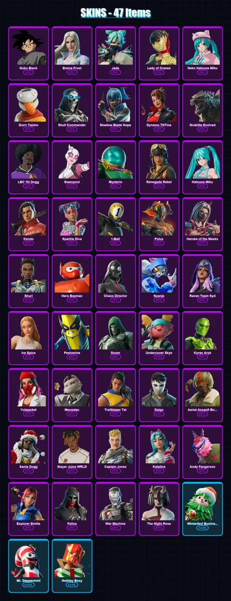 [PC/XBOX] | Goku Black | Emma Frost | Jade | Lady of Cranes | Neko Hatsune Miku | 47 skin | 96 pickaxe | 41 emote | 54 glider | Lv709