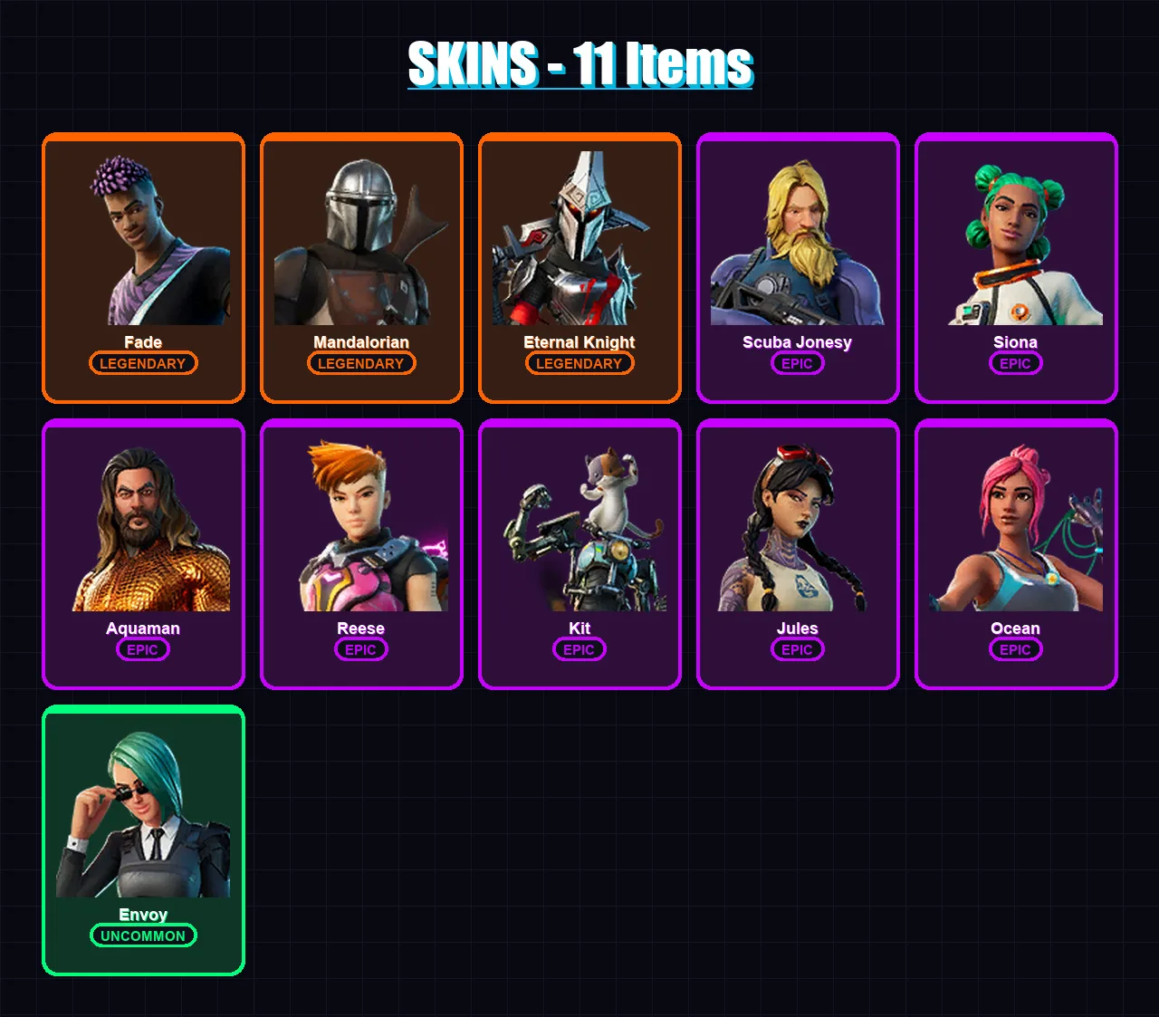 [PC/PSN] | Fade | Mandalorian | Eternal Knight | Scuba Jonesy | Siona | 11 skin | 14 pickaxe | 26 emote | 19 glider | Lv318