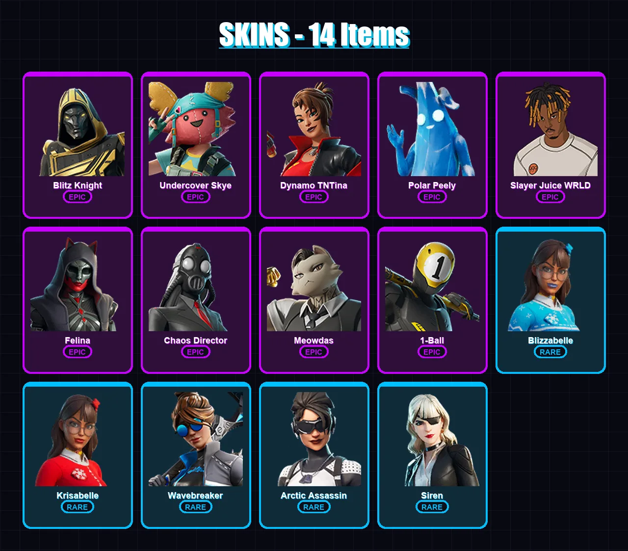 [PC/PSN] | Blitz Knight | Undercover Skye | Dynamo TNTina | Polar Peely | Slayer Juice WRLD | 14 skin | 49 pickaxe | 18 emote | 25 glider | Lv356