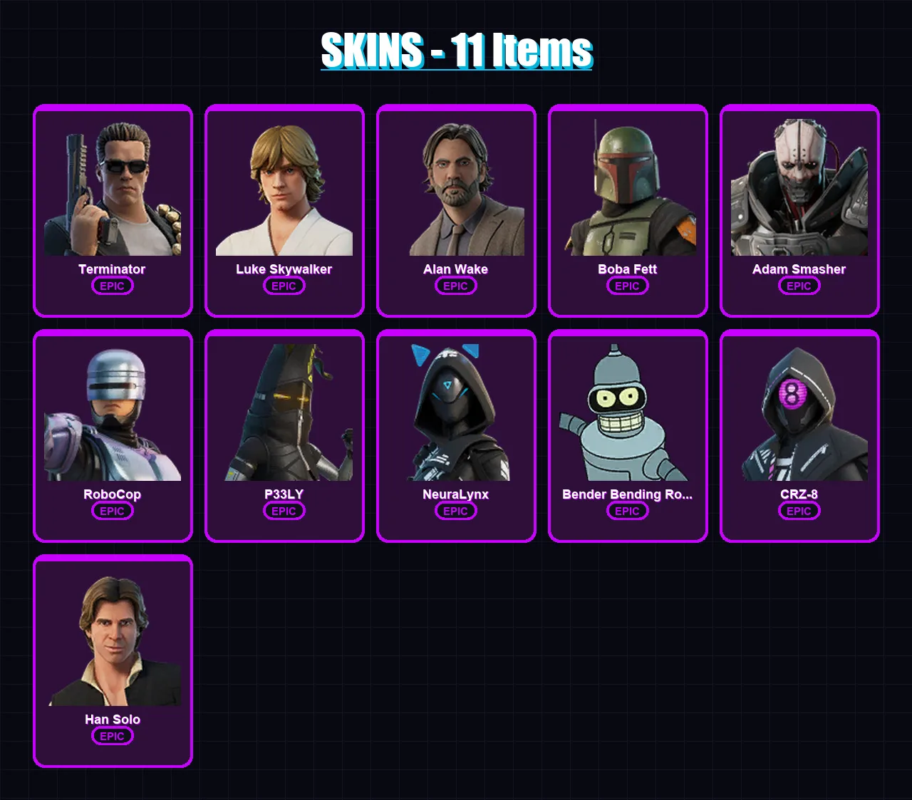 [PC/XBOX/PSN] | Terminator | Luke Skywalker | Alan Wake | Boba Fett | Adam Smasher | 11 skin | 15 pickaxe | 4 emote | 10 glider | Lv115