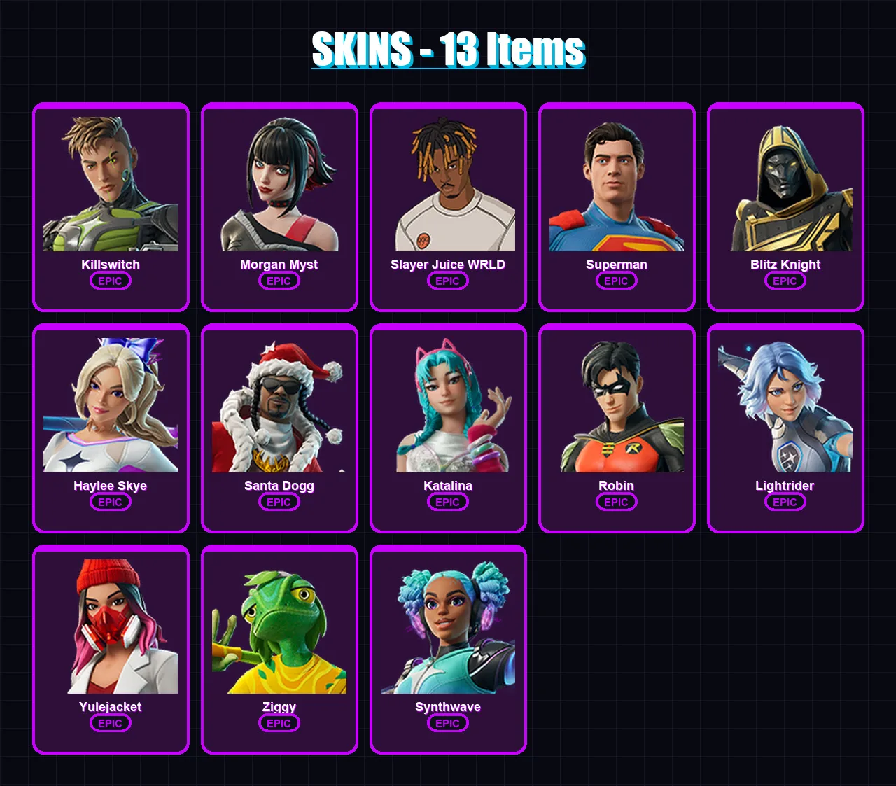 [PC/XBOX/PSN] | Killswitch | Morgan Myst | Slayer Juice WRLD | Superman | Blitz Knight | 13 skin | 38 pickaxe | 20 emote | 30 glider | Lv389