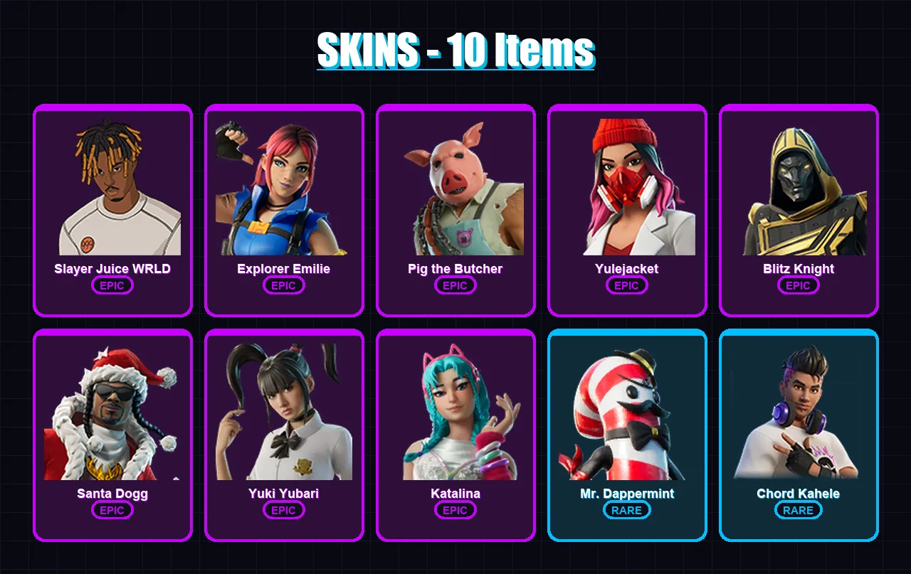 [PC] | Slayer Juice WRLD | Explorer Emilie | Pig the Butcher | Yulejacket | Blitz Knight | 10 skin | 24 pickaxe | 7 emote | 14 glider | Lv114