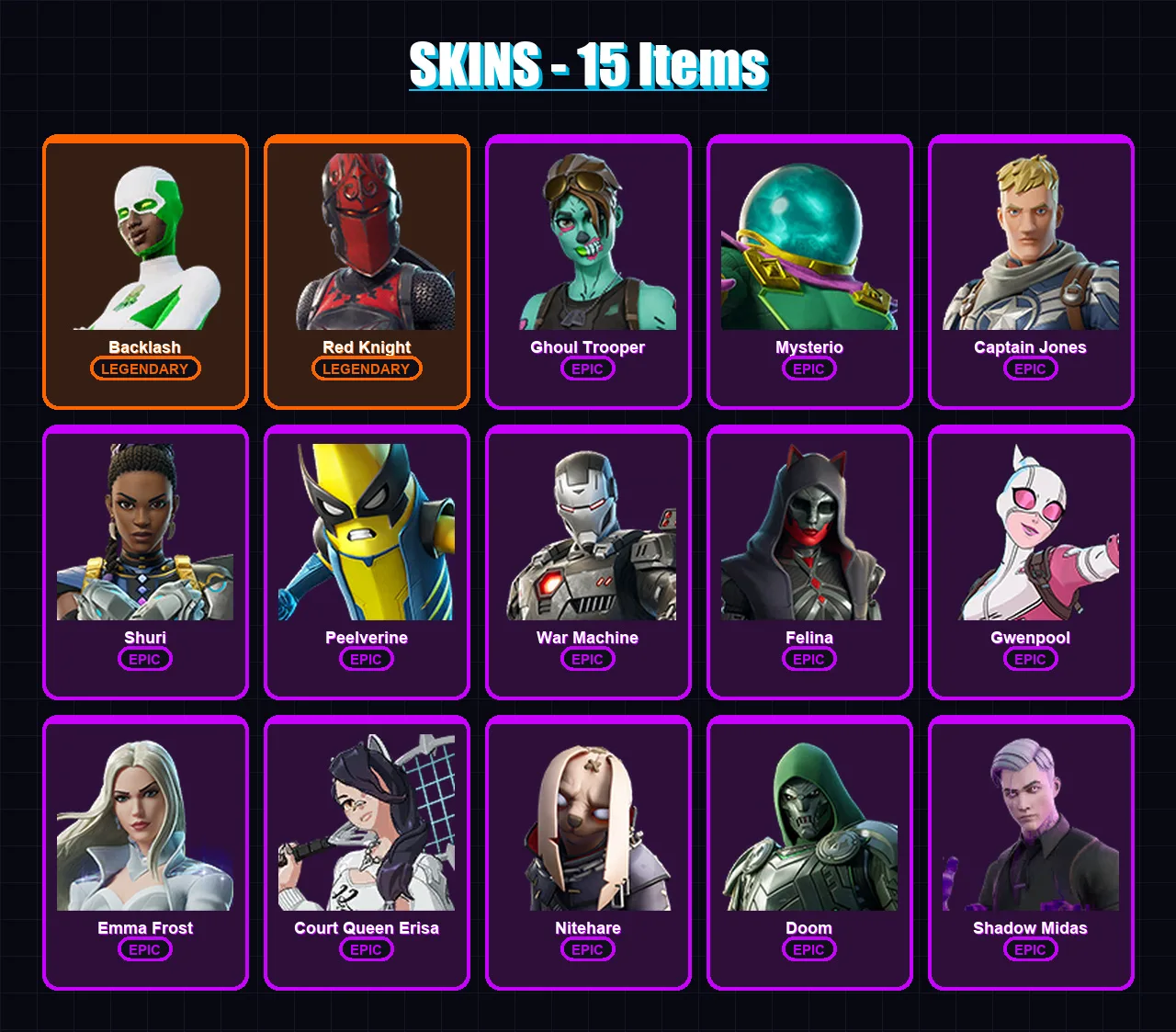 [PC/XBOX/PSN] | Backlash | Red Knight | Ghoul Trooper | Mysterio | Captain Jones | 15 skin | 20 pickaxe | 17 emote | 13 glider | Lv148