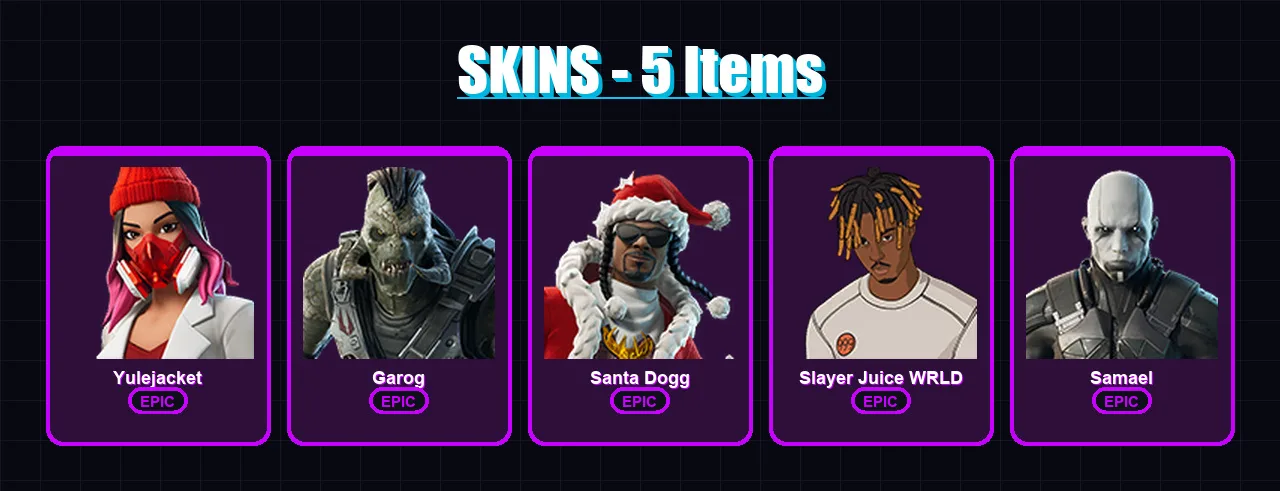 [PC/XBOX/PSN] | Yulejacket | Garog | Santa Dogg | Slayer Juice WRLD | Samael | 5 skin | 12 pickaxe | 4 emote | 8 glider | Lv72