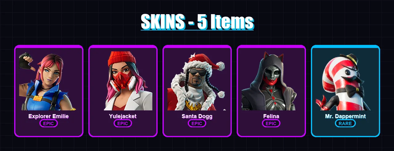 [PC/XBOX/PSN] | Explorer Emilie | Yulejacket | Santa Dogg | Felina | Mr. Dappermint | 5 skin | 11 pickaxe | 4 emote | 7 glider | Lv77