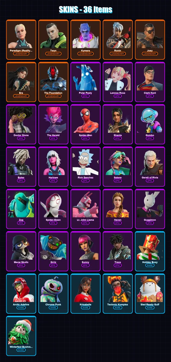 [PC/PSN] | Paradigm (Reality-659) | Twyn | Kymera | Ronin | Joey | 36 skin | 44 pickaxe | 36 emote | 48 glider | Lv672