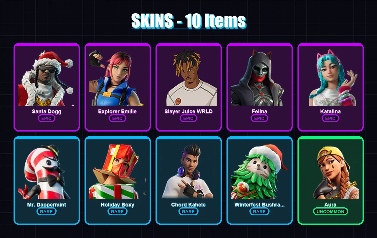 [PC/PSN] | Santa Dogg | Explorer Emilie | Slayer Juice WRLD | Felina | Katalina | 10 skin | 16 pickaxe | 8 emote | 11 glider | Lv140