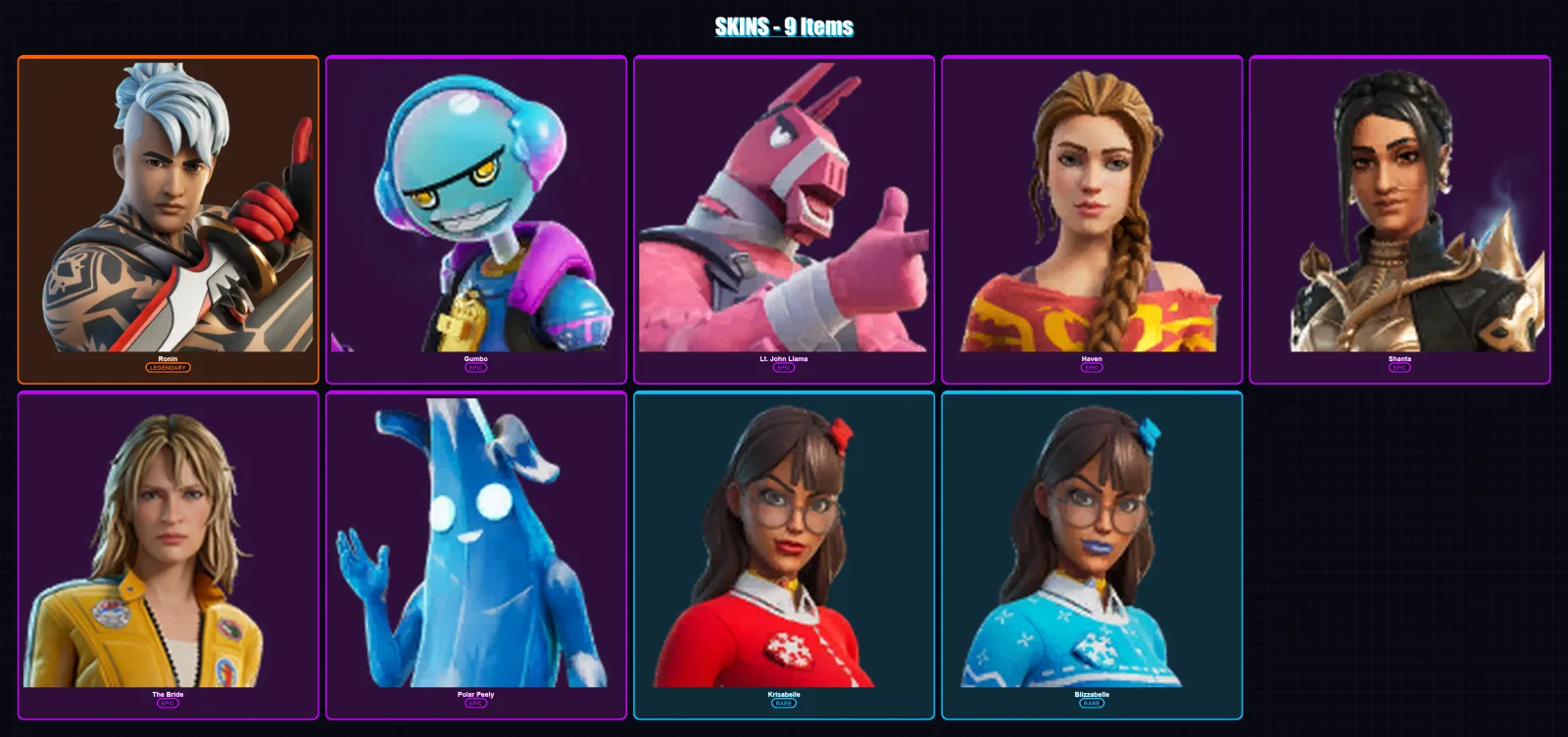 [PC/XBOX/PSN] | Ronin | Gumbo | Lt. John Llama | Haven | Shanta | 9 skin | 13 pickaxe | 11 emote | 13 glider | Lv150