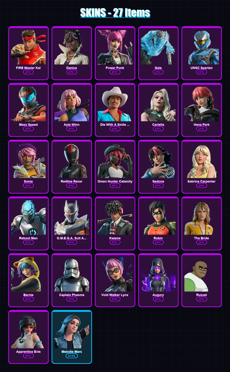 [PC/PSN] | FIRE Master Kai | Danica | Power Punk | Gale | UNSC Spartan | 27 skin | 14 pickaxe | 4 emote | 1 glider | Lv11