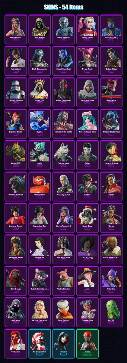 [PS4/PS5/XBOX/PC] | Keisha Cross | Blitz Knight | UNSC Spartan | Harley Quinn | Sub-Zero (MK3) | 54 skin | 105 pickaxe | 64 emote | 59 glider | Lv21