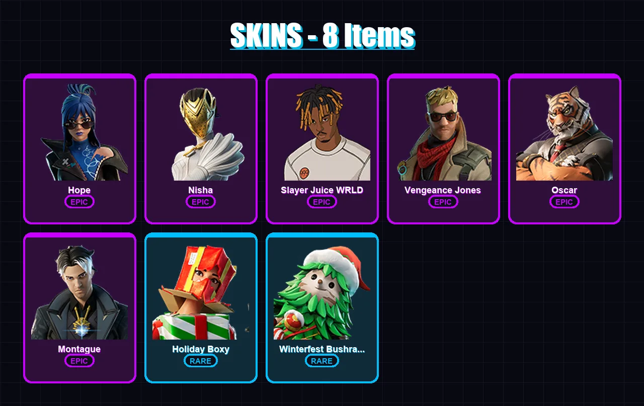 [PC/PSN] | Hope | Nisha | Slayer Juice WRLD | Vengeance Jones | Oscar | 8 skin | 11 pickaxe | 9 emote | 10 glider | Lv113