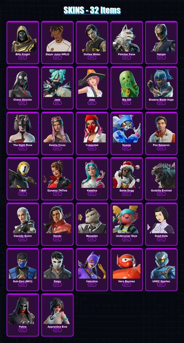 [PC/XBOX/PSN] | Blitz Knight | Slayer Juice WRLD | Outlaw Midas | Fletcher Kane | Hairpin | 32 skin | 68 pickaxe | 41 emote | 43 glider | Lv744